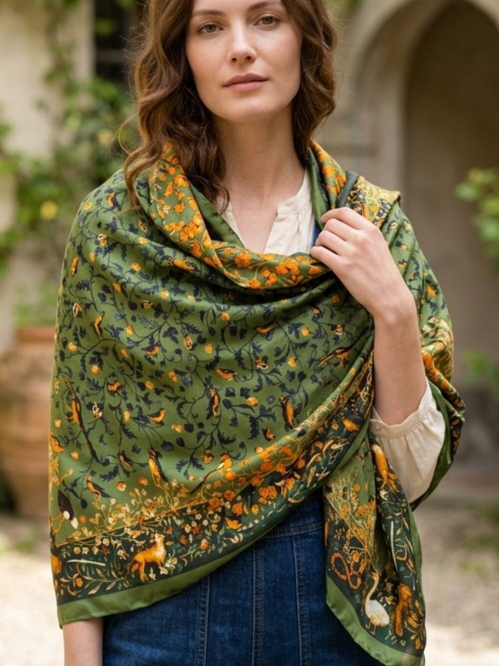 100% Silk Scarf Shawl Rectangular Fall Autumn Colours Green Gold Birds Leaves